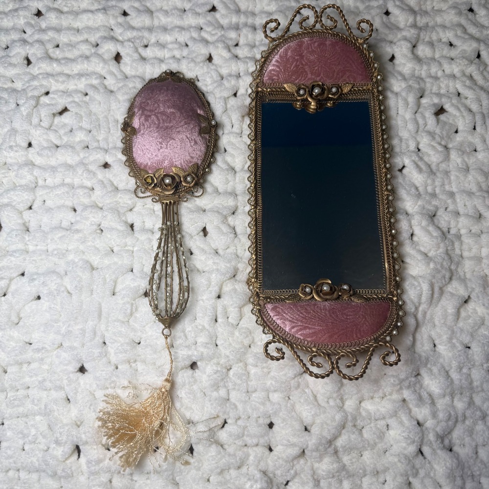 VTG Victorian Pink Brocade Filigree Vanity Tray & Hand Mirror Regency Romantic